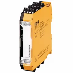 DIN-rail mounted safety monitoring relay with 24 terminals. Operates on 230V AC or 24 to 230V DC supply. Output configuration features three normally open (NO) contacts. Suitable for use in safety circuits such as emergency stop monitoring, safety gate interlocks, and light curtain interfaces in industrial automation.