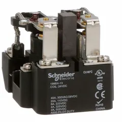 Surface-mounted relay from the 199 Power Series with DPDT contacts, rated 40 A at 24V DC. Features an octal base and 8 screw terminals. Operating current is 20 A at 110V DC for resistive loads. Used for switching loads in control panels and automation systems.