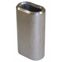 Stainless steel oval sleeve for forming permanent loops or eyes at the end of wire rope. Compatible with 1/16 in diameter rope. Plain finish. Used in lifting applications where a crimped termination is required.