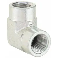 This steel hydraulic hose adapter features 1/8 in female NPTF connections on both ends, configured as a rigid 90° elbow. It is used to connect female-threaded ports in hydraulic, pneumatic, and lubrication systems where space constraints require a directional change