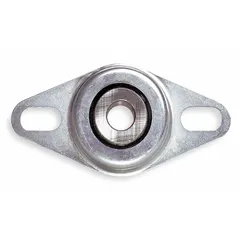 This Dayton stamped steel flange-mount ball bearing features a 1/2 in cylindrical bore and set screw locking for shaft retention. It is lubricated with NLGI #2 Equivalent grease and designed for inch-system mounting with 3/8 in bolts. The bearing measures 4 in length, 2 in width, and 1 in height, supporting rotating shafts in industrial machinery and conveyors.
