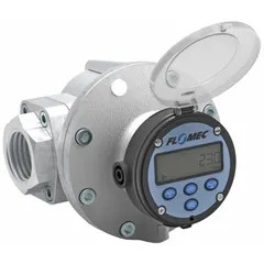 Oval gear totalizer for fuel oils, fuels, grease, lubricants, and oils. Aluminum construction with digital display and 4-20 mA output. Accuracy ±0.5%, max voltage 36V DC. Used for flow measurement and totalization in fluid handling systems.