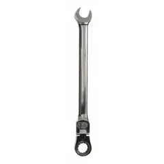 Alloy steel construction with chrome finish. 12-point ratcheting box end and open end for SAE fasteners. 3/8 in head size, 6 1/2 in overall length. Suitable for tightening and loosening bolts and nuts in general industrial fastening applications.