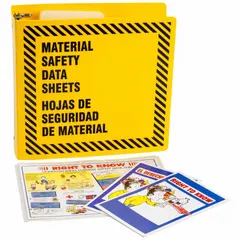 This safety binder features a 3 1/2 in ring size and includes one SDS Training Binder Insert. It is used to organize material safety data sheets and training documentation in industrial settings, supporting hazard communication compliance.