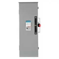 The Siemens DTF322R is a 60 A, three-phase, fusible safety switch rated for 240V AC. It features a galvanized steel enclosure suitable for indoor or outdoor installations. This switch provides a visible disconnect for safe maintenance and emergency shutdown in industrial and commercial power distribution systems.