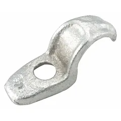 Iron surface mount clamp for securing 1-1/4 in trade size IMC or RMC conduit. Electroplated gray finish with corrosion resistance. Screw-on mounting with 0.406 in hole diameter. Dimensions: 3-1/32 in length, 1-25/32 in height, 25/32 in width.