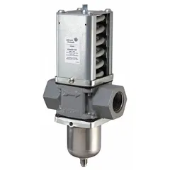 Two-way pressure-actuated water regulating valve with cast iron body. Designed for R-410A refrigerant systems. Maximum flow capacity of 118 gpm, operating pressure range 200 psi to 400 psi. Used to modulate water flow in response to refrigerant pressure, maintaining stable condensing conditions in HVAC and refrigeration applications.
