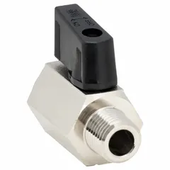 This 1/4 in manual two-way ball valve features a nickel-plated brass body with straight male NPT by female NPT connections and a wedge handle. It is used for on/off flow control in industrial piping systems handling air, water, oil, or gas. The compact size suits installations in confined spaces.