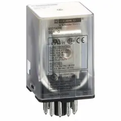 Socket-mounted relay from the Square D 8501K Series with 3PDT contact configuration. Rated 10 A at 240V AC. Features an octal base with round pins and 11-pin terminal connection. Used for switching and controlling loads in industrial automation panels and machine control applications.