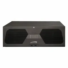 Network IP video recorder supporting up to 128 camera inputs with H.265 compression at 6MP resolution. Features HDMI/VGA output, motion-based recording, 768 mbps network interface, and video export via USB flash drive. Suitable for large-scale surveillance in industrial facilities, warehouses, and multi-site security monitoring.