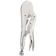 These flat-jaw locking pliers feature a lever-action mechanism with a plain grip handle. With a 7 in overall length and 1 3/16 in jaw length, they provide a maximum jaw opening of 1/4 in. Suitable for clamping, holding, and gripping flat workpieces in metalworking, fabrication, and maintenance tasks.