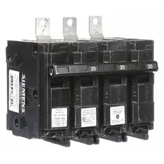 Three-pole bolt-on miniature circuit breaker rated 20 A at 120/240V AC, featuring a shunt trip for remote tripping. Part of the BL series with a maximum AIR rating of 10kA at 240V AC. Designed for use with Siemens P1 panelboards to protect branch circuits in electrical distribution systems.