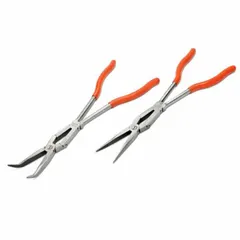 This long-nose pliers set features a 45° jaw bend and 2 3/4 in jaw length, with a 1 3/8 in max jaw opening and 17 1/8 in overall length. Suitable for precision gripping, bending, and cutting in confined spaces, commonly used in electrical, HVAC, and general assembly tasks.