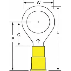 Vinyl-insulated ring terminal rated for 600 V. Accommodates 12 AWG to 10 AWG wire and fits a 1/2 in stud. Used for secure crimp connections in electrical systems such as control panels, machinery, and power distribution.