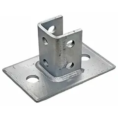 This post base secures single strut channels to floors or foundations. It has 6 holes with a 9/16 in diameter for mounting. Used in industrial racking, cable tray supports, and mechanical system installations.