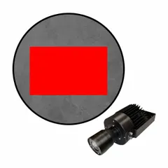 This 50 W LED projector creates a solid cardinal red virtual walkway for visual demarcation in industrial environments. It includes a mounting bracket and projector with lens. Used to define pedestrian pathways or safety zones without physical barriers.
