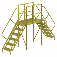 This steel crossover bridge provides safe elevated walkway access across machinery or conveyors in industrial plants. It features a yellow finish, perforated tread type, and 6 steps, with a load capacity of 1,000 lb.