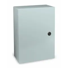 This steel washdown enclosure measures 16 inches by 16 inches by 8 inches and is rated NEMA 12/13/3R/4 for protection against dust, oil, water, and corrosion. It features a solid hinged cover secured with a 1/4-turn latch and does not include knockouts. Typical applications include housing electrical controls, terminals, and instruments in industrial environments requiring washdown or outdoor exposure.