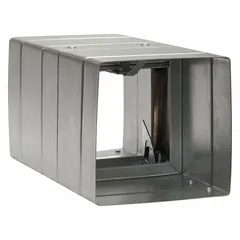 Rectangular fire damper with curtain blade type and spring closure, designed for horizontal mounting. Measures 7 3/4 inches in height and width with a 12-inch length sleeve. Used in HVAC systems to maintain fire and smoke compartmentation in ductwork.