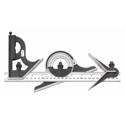 STARRETT Combination Set: Metric/SAE, Steel, Brushed, 11 3/4 in Blade Lg - Machinist Precision Steel Combination Square Sets