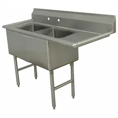 Two-bowl freestanding sink without faucets, 43 in overall height, 56 1/2 in overall length, 24 in overall width. Suitable for commercial kitchens, catering operations, and food-service sculleries for manual pot washing, food preparation, and rinsing.