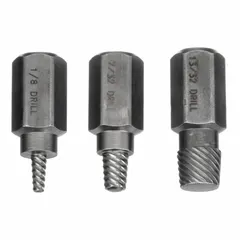 This 10-piece multispline extractor set is used to remove damaged, stripped, or broken screws. The extractors accommodate screw sizes from #12 to 3/4 in and are designed for use with a tap wrench or drill. Suitable for maintenance and repair tasks in industrial and automotive settings.