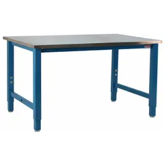 This heavy-duty open-base workstation features a stainless steel work surface and a blue frame. With overall dimensions of 96 inches by 30 inches and a load capacity of 6,600 pounds, it is suited for industrial assembly, maintenance, and laboratory applications where robust support and corrosion resistance are required.