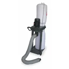 This mobile single-stage wood dust collector operates on 115/230V AC and delivers 660 cfm airflow. It uses a bag-type collection system to capture wood dust and debris from woodworking machinery such as table saws, jointers, and planers. The unit produces a sound level of 65 dBA, suitable for small to medium woodworking shops.