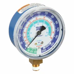 Analog low side compound pressure gauge for R-507 refrigerant systems. Features a 2-1/2 inch non-liquid filled dial with 0-120 psi range and ±3-2-3% accuracy. Includes NIST calibration certificate. Used for measuring low-side pressure in commercial refrigeration and HVAC-R applications.