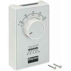 Single-stage cool-only analog thermostat with exposed dial and On-Off control. SPST switch closes on temperature rise. Operates on 120 to 277V AC with a control range of 50° to 90°F. Suitable for line-voltage cooling applications in commercial or industrial spaces.