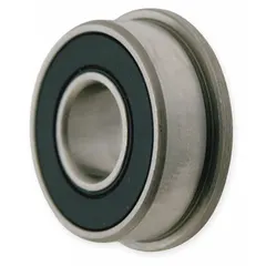 Flanged ball bearing with 3/8 in bore, 7/8 in OD, and 0.969 in flange diameter. Double sealed for contaminant protection. Bearing Industry Number R6. Suitable for applications requiring radial load support and axial location, such as conveyors, fans, and light machinery.