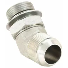 Steel hydraulic hose adapter with male ORB and male JIC connections, 3/4 in x 3/4 in fitting size, rigid 45° elbow configuration. Used to connect O-Ring Boss ports to JIC fittings in hydraulic systems, allowing hose routing around obstacles in fluid power applications.