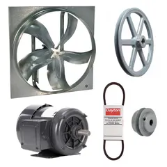 Unassembled belt-drive panel exhaust fan with a 36-inch blade, 3/4 hp motor, and 14,223 cfm airflow. Features a 3-phase, 208-230/460V AC motor with totally enclosed fan-cooled enclosure and Class B insulation. Frame is zinc-plated steel. Suitable for high-volume ventilation in industrial and commercial spaces.