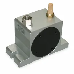 This pneumatic vibrator delivers 14,500 vibrations per minute at 67 dBA. It features a 3/8 in NPT connection and an aluminum housing for continuous operation. Typical applications include moving bulk materials in hoppers, chutes, and conveyors to dislodge clogs and improve flow.