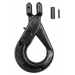This general purpose slip hook is designed for lifting applications in material handling and rigging. Constructed from steel with a 3/8 in material thickness and a Grade 80 hook rating, it features a clevis attachment for connecting to chains or slings. The hook has a black finish and no visual indicator markings.