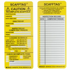 Rectangular polyester tag with black, white, and yellow colors, measuring 3 1/8 in wide by 7 5/8 in high. Designed for outdoor use, printed in English, and supplied in a pack of 100. Commonly used for scaffold inspection labeling and general safety identification in industrial environments.