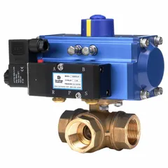 This three-way ball valve features an L-port design for diverting or mixing flow in piping systems. Constructed of brass with female NPT connections on all ports, it is pneumatically actuated with a 115V AC pilot solenoid. Suitable for industrial flow control applications requiring reliable on/off or switching service.