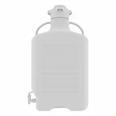 APPROVED VENDOR 49 L Dual-Handle Rectangular Carboy with Spigot, White, Wide Mouth, 120 mm Screw Closure, Autoclavable
