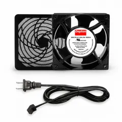 Standard square axial fan kit for cooling and ventilating electronic enclosures, control panels, and small equipment. Delivers 68 cfm at 0.000 in static pressure. Operates on 120V AC. Includes cord set with NEMA 1-15 plug. Polycarbonate blade. IP20 rating. Terminals.