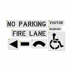 This stencil kit includes 8 pieces made from 0.062-inch thick Low Density Polyethylene (LDPE) for traffic and parking control marking. It features a 4-inch Reserved Curb Stencil for creating pavement markings in parking lots and roadways.