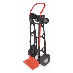 This 2-position convertible hand truck features a dual-handle design and a black/red nylon polymer frame. It is equipped with pneumatic tires for use on uneven surfaces. Suitable for moving loads in warehouses, factories, and delivery settings.