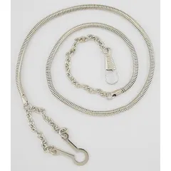 This metal whistle chain features a nickel finish and includes a button hook for secure attachment. It is used to connect a whistle to a uniform, lanyard, or belt loop for quick access in settings such as sports officiating, coaching, or industrial safety.