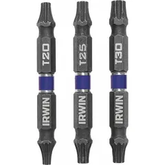 Double-ended driver bit with T30 Torx on side 1, designed for impact use. Made of S2 steel with a hex shank for torque transfer. Suitable for driving Torx fasteners in automotive, construction, and industrial assembly tasks. Supplied as a 3-pack.