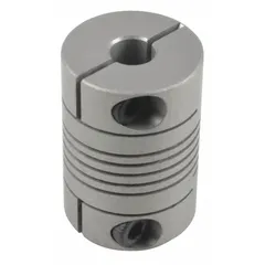 Aluminum flexible coupling with 19 mm outside diameter. Used to connect rotating shafts in motion control systems, compensating for minor misalignment and reducing vibration.