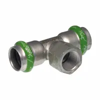 This APOLLO SmartPress crimp tee fitting is made of stainless steel with an EPDM seal, featuring a Press-fit x FNPT x Press-fit configuration. It is designed for potable water systems to create branch connections in stainless steel piping. Suitable for residential, commercial, and industrial plumbing applications requiring leak-free press-fit joints