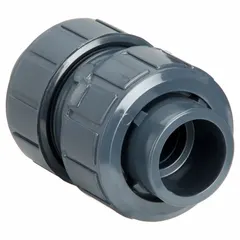 PVC inline ball check valve with true union socket ends and EPDM seals. Prevents backflow in piping systems for water treatment, chemical processing, and industrial fluid handling. Pipe size: 1 in.