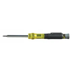 This multi-bit screwdriver includes two tips: a #0 Phillips and a 1/8 in slotted. The quick-change mechanism allows fast tip swaps without additional tools. Designed for HVAC and electrical applications, it is suited for tightening terminals, adjusting controls, and general maintenance tasks.