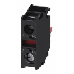 This contact block from the Siemens 3SU1 series features a normally closed (1NC) momentary switch action with screw terminals. Designed for 22 mm panel-mount control stations, it is used as a switching element in industrial control circuits such as emergency stop or interlock applications.