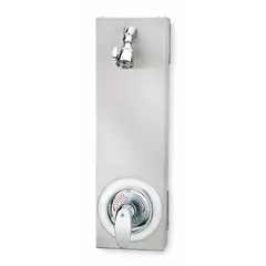 This shower faucet panel includes a fixed showerhead for consistent water delivery. With overall dimensions of 22 3/4 in height, 6 3/4 in width, and 3 1/8 in depth, it is suited for commercial or industrial washroom installations where space efficiency and durability are required.