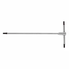 T-shaped hex key with a 3/32 in tip size, metric sizing, and long length. Made from alloy steel with a satin finish. Handle length is 3 11/32 in. Used for driving hex socket screws in assembly and maintenance tasks.